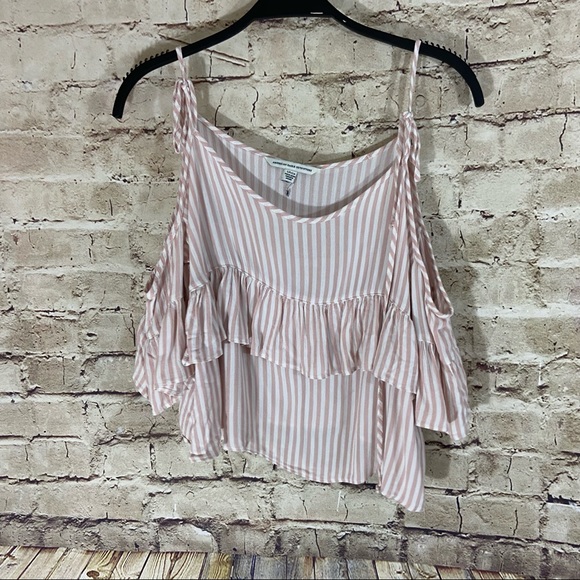 American eagle outfitters pink white striped cold shoulder top size small - Picture 4 of 9